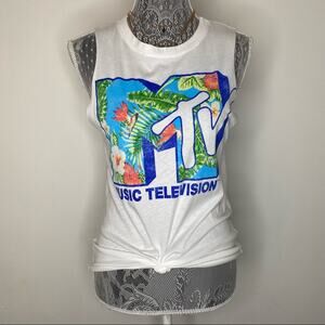 MTV Womens White Y2K Logo Muscle Graphic Tee by Recycled Karma Size XS